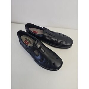 Womens SAS USA Roamer Black Leather Comfort Shoes Loafer Wedge T-Strap Wedge 8.5